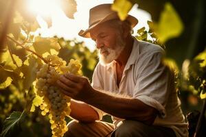 AI Generated Man worker harvesting bunch picking person caucasian wine food vineyard winery grapes countryside farmer senior agriculture male farming vine photo