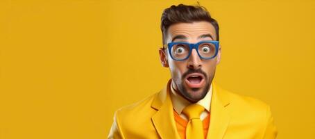 AI Generated Humor handsome mask april businessman glasses business yellow adult person guy young party red men face funny males concept portrait expression caucasian emotion background photo