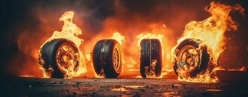 ai generado calor peligroso explosión llamas resplandor fuego protesta la carretera desastre calle fumar coche rojo la seguridad accidente naranja vehículo emergencia seguro transporte ardiente caliente automóvil foto