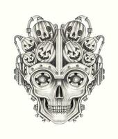Futuristic pumpkin and skull hand drawing on paper make graphic vector. vector