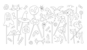 Large set with carnival masks from the Halloween party. Black and white doodle vector illustration.
