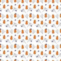 Seamless pattern with cute Halloween character pumpkin with spider and spiderweb. Color vector flat illustration.