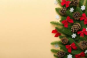 Christmas background with fir branches and Christmas decor. Top view, copy space for text photo