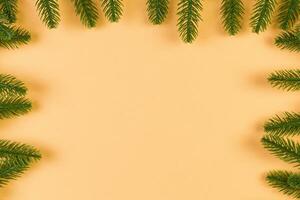 Top view of colorful festive background made of fir tree branch. Christmas holiday concept with copy space photo
