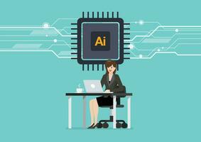 Business woman is working on a laptop computer at office desk with AI chip cpu icon. AI processor icon vector