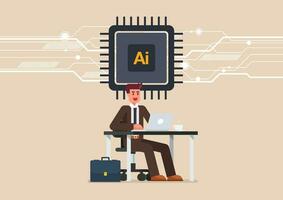 Businessman is working on a laptop computer at office desk with AI chip cpu icon vector