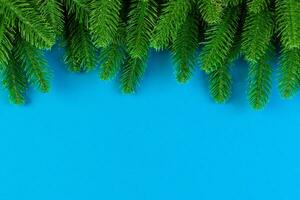 Top view of colorful festive background made of fir tree branch. Christmas holiday concept with copy space photo