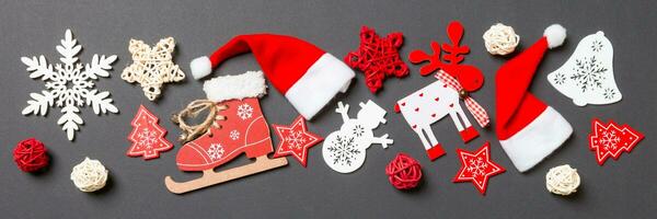 New Year decorations on black background. Banner Merry Christmas concept with empty space for your design photo