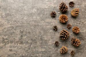 Christmas pine cones on colored paper border composition. Christmas, New Year, winter concept. Flat lay, top view, copy space photo