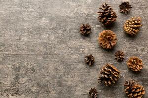 Christmas pine cones on colored paper border composition. Christmas, New Year, winter concept. Flat lay, top view, copy space photo