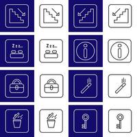 A set of 8 icons consisting of stairs, key, info icon, rest room, luggage, garbage, smoking area. Available in two colors blue, white and white, black. vector