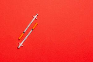 Top view of two insulin syringe at colorful background with copy space. High level of glucose concept photo