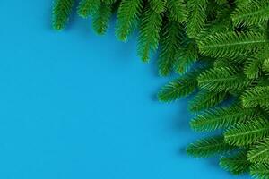 Top view of colorful festive background made of fir tree branch. Christmas holiday concept with copy space photo