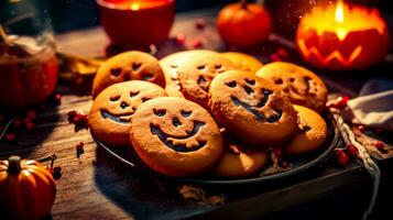 Plate full of cookies with faces on them and candle in the background. Generative AI photo