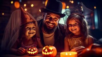 Man and two little girls sitting next to each other in front of pumpkins. Generative AI photo