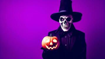 Skeleton dressed in black suit and hat holding jack - o - lantern. Generative AI photo