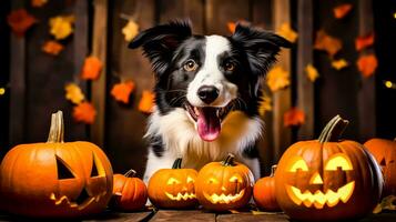 Black and white dog sitting next to pumpkins and jack - o'- lanterns. Generative AI photo