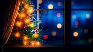 Brightly lit christmas tree in front of window with view of the snow outside. Generative AI photo