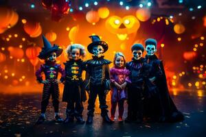 Group of children in halloween costumes posing for photo in front of stage. Generative AI