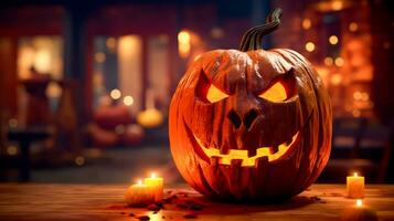 Carved pumpkin sitting on top of table next to lit candle. Generative AI photo