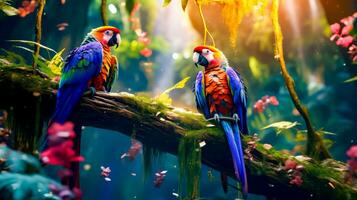 Two colorful parrots sitting on branch in jungle with leaves and flowers. Generative AI photo