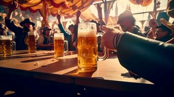 Group of people sitting at table with mugs of beer in front of them. Generative AI photo