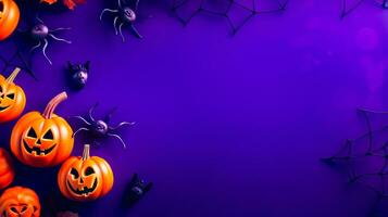 Purple halloween background with pumpkins, bats, and spider webs. Generative AI photo