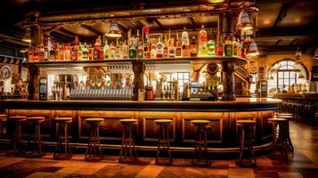 Bar filled with lots of bottles and stools next to counter. Generative AI photo