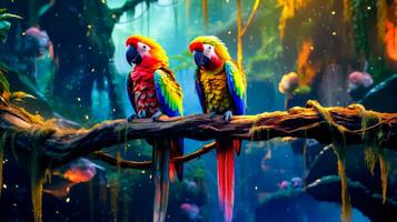 Two colorful parrots sitting on tree branch in tropical environment with fish. Generative AI photo