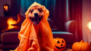 Dog dressed up in orange towel with jack o lantern on it's head. Generative AI photo