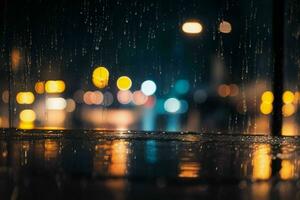 raindrops and streetlights at night. background. AI Generative Pro Photo