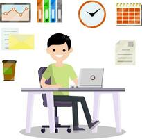 Man sitting at computer in office. Cartoon flat illustration. Set for business work-schedule, hours, file documents, letter, coffee, calendar. Company employee and office items. Work with PC vector