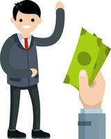 Big hand with green money salaries. successful businessman. Rich guy. Cartoon flat illustration vector