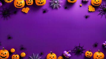 Purple halloween background with pumpkins and spider webs on the bottom. Generative AI photo