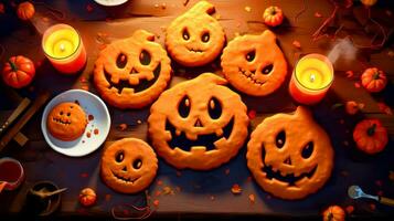 Wooden table topped with lots of carved pumpkins next to candle. Generative AI photo