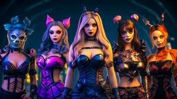 Group of three women dressed in cosplay clothing and cat ears. Generative AI photo