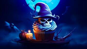 Cupcake with skull wearing witches hat and candle in front of full moon. Generative AI photo