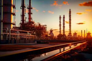 Oil refinery at sunset with the sun setting in the background and the sky reflecting in the water. Generative AI photo