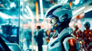 Man in suit and helmet standing in front of display case. Generative AI photo