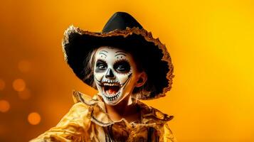 Woman wearing skeleton makeup and black hat with yellow background. Generative AI photo