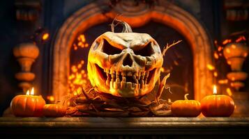 Carved pumpkin sitting on top of mantle in front of fireplace. Generative AI photo