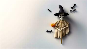 Clock with skeleton wearing witches hat and holding jack - o - lantern. Generative AI photo