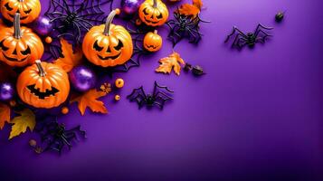 Purple background with pumpkins and spider webs and decorations on it. Generative AI photo