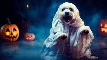 Dog dressed up in ghost costume with pumpkin in the background. Generative AI photo