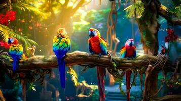 Three colorful parrots perched on tree branch in tropical forest setting. Generative AI photo