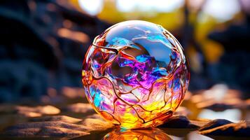 Colorful glass ball sitting on top of table next to mirror. Generative AI photo