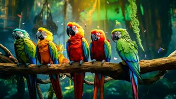 Group of colorful parrots sitting on branch in jungle setting. Generative AI photo