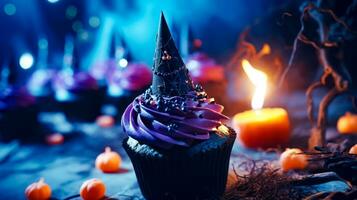 Cupcake with purple frosting and witches hat on top. Generative AI photo
