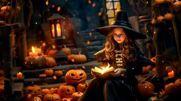 Little girl dressed as witch reading book in front of pumpkins. Generative AI photo