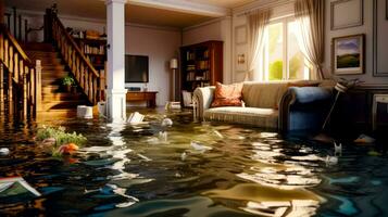 Flooded living room with couch and bookshelf in the middle of it. Generative AI photo